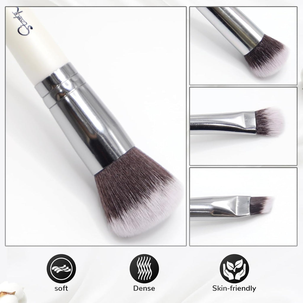 2-In-1 Makeup Brushes Dual-Ended Contouring Foundation Brush 2 Pack Concealer Brush Face Eyebrow Eyeshadow Brush for Liquid, Powder, Buffing, Blending (White)