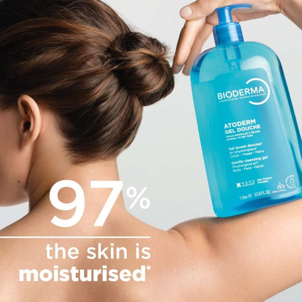 Bioderma Atoderm Hydrating Shower Gel, Moisturizing Face and Body Cleanser, Body Wash for rmal to Dry Sensitive Skin, 1L