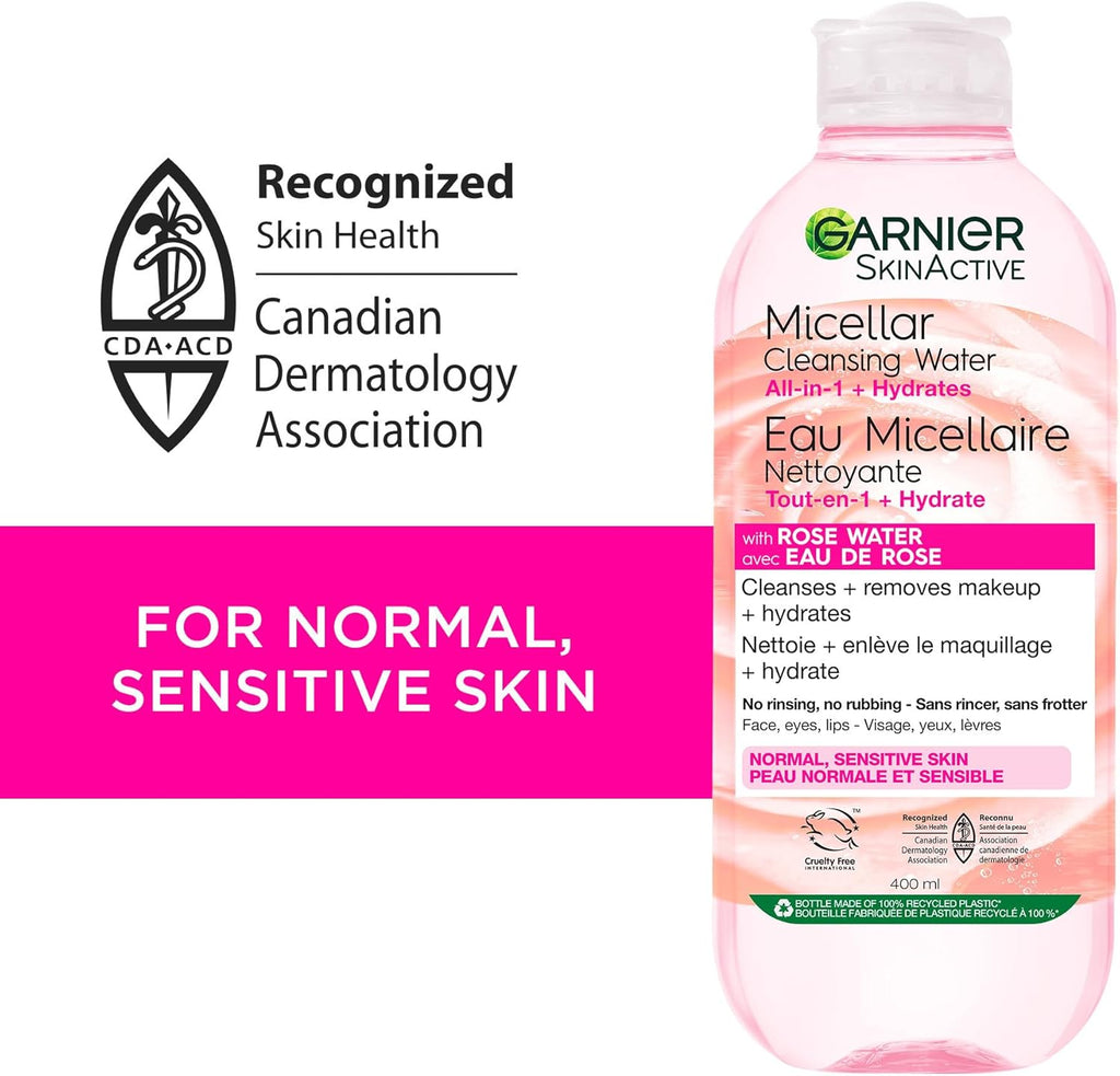 Micellar Cleansing Water, All-In-One Hydrating Makeup Remover, Face Cleanser with Rose Water & Glycerin, Hypoallergenic, Sensitive to Dry Skin, 700Ml