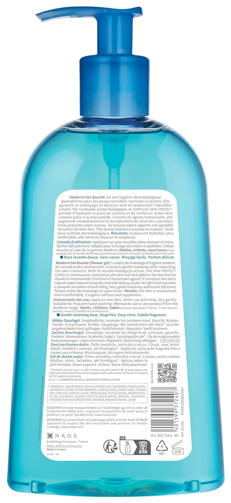 Bioderma Atoderm Hydrating Shower Gel, Moisturizsing Face and Body Cleanser, Body Wash for rmal to Dry Sensitive Skin, 1L