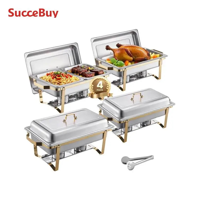 SucceBuy 8 Qt 4 Pack Chafing Dish Buffet Set Stainless Steel Chafer with 2 Full Size and 4 Half Size Pans Catering Warmer Server