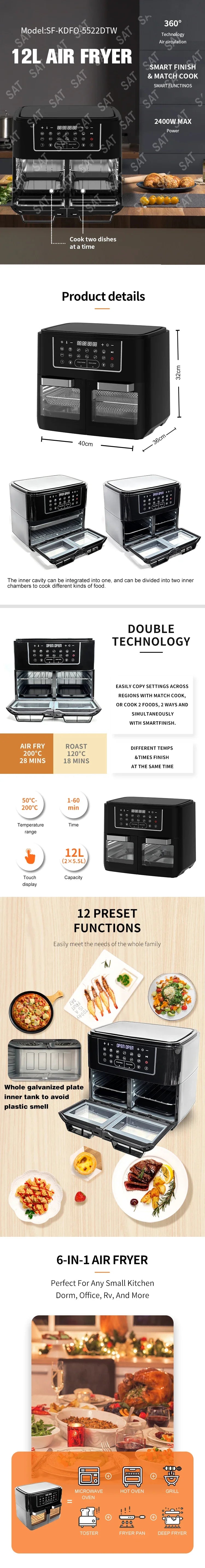 -Wholesale Family Used Food Grade BPA Free 12L 2400W Kitchen Digital dual basket Air Fryer Oven
