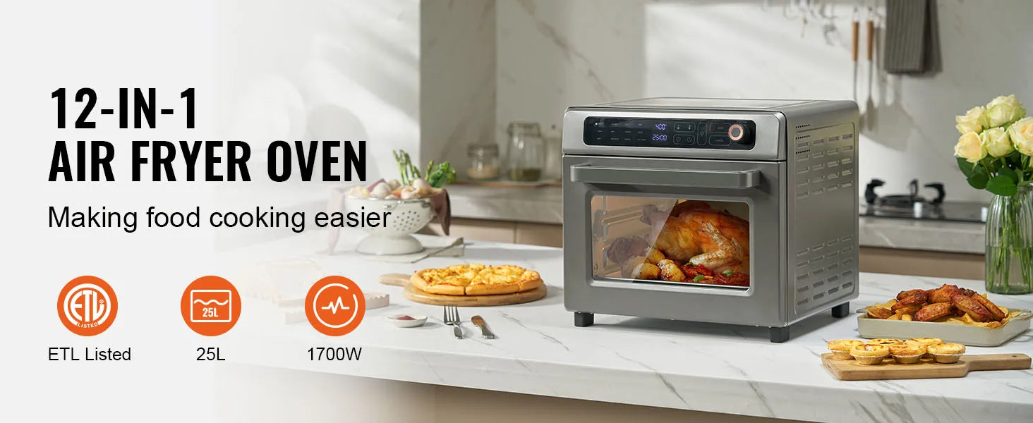 SucceBuy Air Fryer Toaster Oven 25L Convection Oven 1700W Stainless Steel Toaster Ovens Countertop Combo with Grill for Kitchen