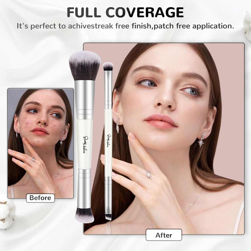 2-In-1 Makeup Brushes Dual-Ended Contouring Foundation Brush 2 Pack Concealer Brush Face Eyebrow Eyeshadow Brush for Liquid, Powder, Buffing, Blending (White)