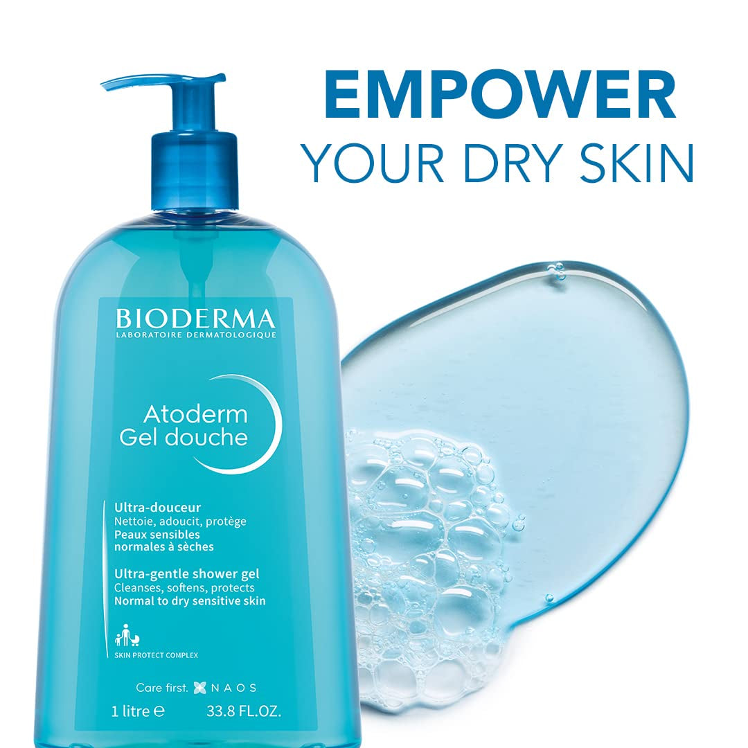 Bioderma Atoderm Hydrating Shower Gel, Moisturizsing Face and Body Cleanser, Body Wash for rmal to Dry Sensitive Skin, 1L