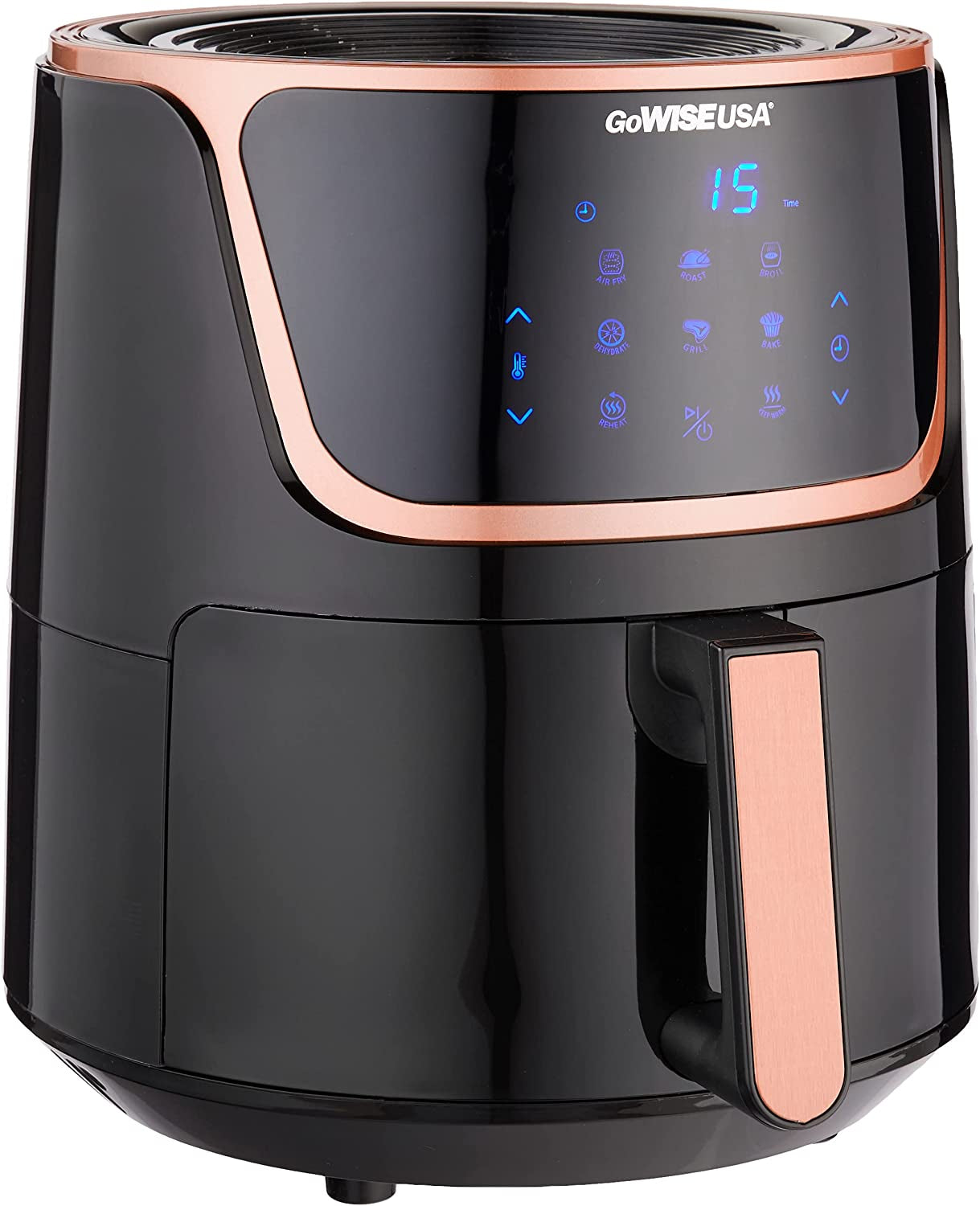 USA GW22955 7-Quart Electric Air Fryer with Dehydrator & 3 Stackable Racks, Digital Touchscreen with 8 Functions + Recipes, 7.0-Qt, Black/Copper