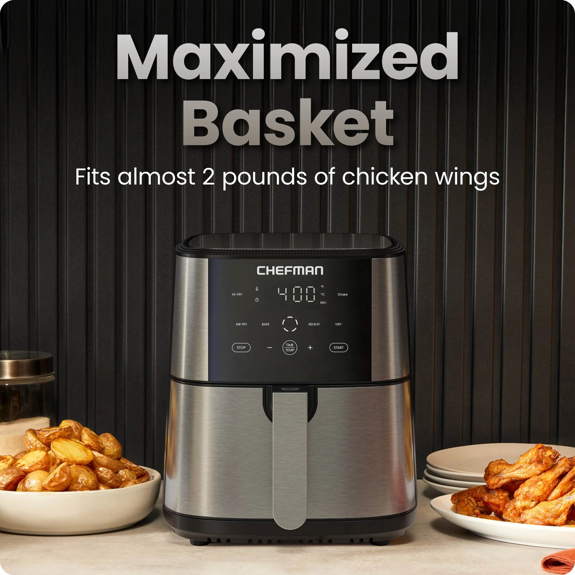 6 Qt. Air Fryer 4 Functions W/ Touch Controls, HI-FRY Button, Stainless Steel